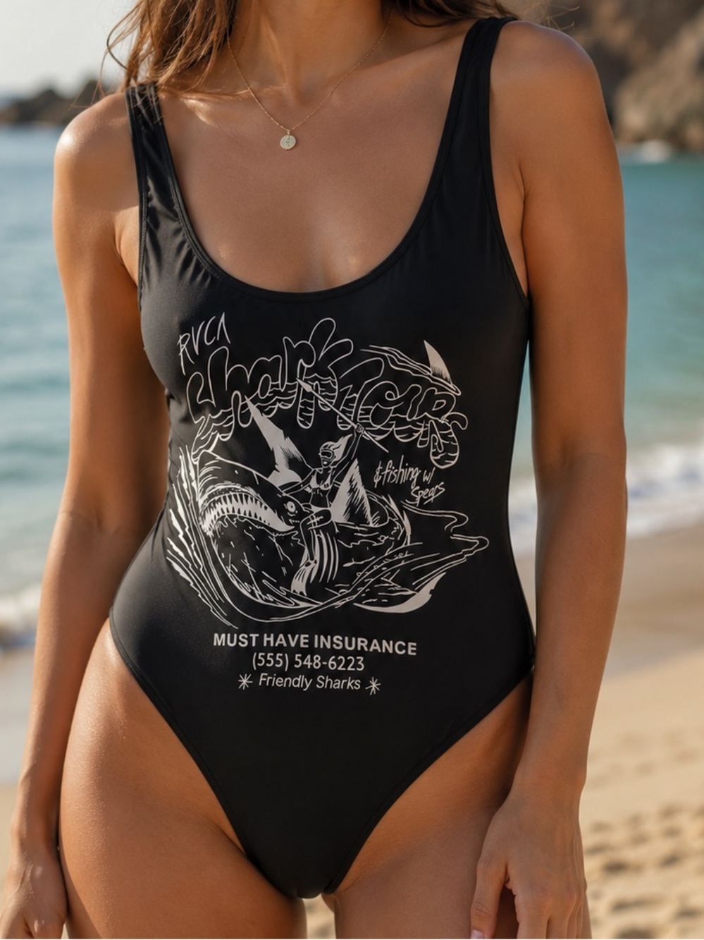 RVCA Shark Graphic One-Piece Swimsuit – Black – Large